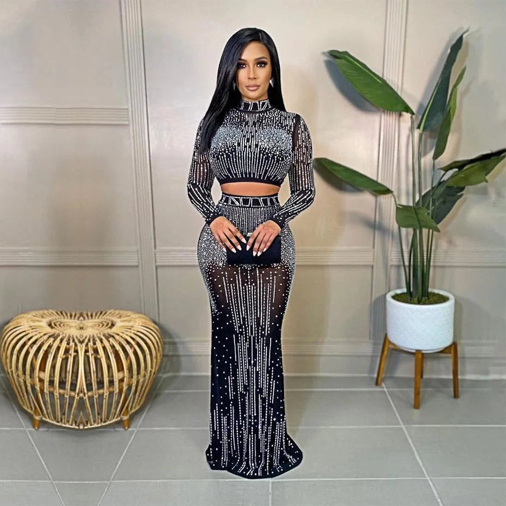 Maxy Sexy Sparkling Silver Rhinestone Chain Pearl Transparent Dress Birthday Party Evening Dress Prom Dress Bright Drill Skirt Suit