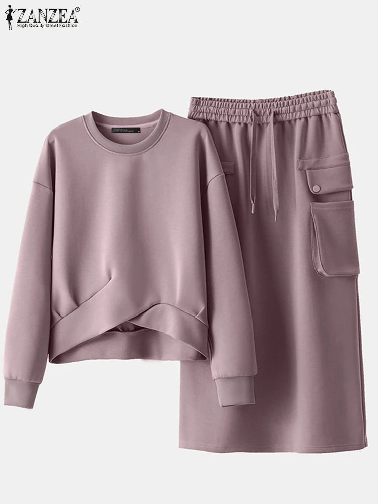 Maxy Winter Autumn Sweatshirts Dress Sets ZANZEA Women Long Sleeve Hoodies Tops Sundress OL Matching Sets Spring 2pcs Outfits