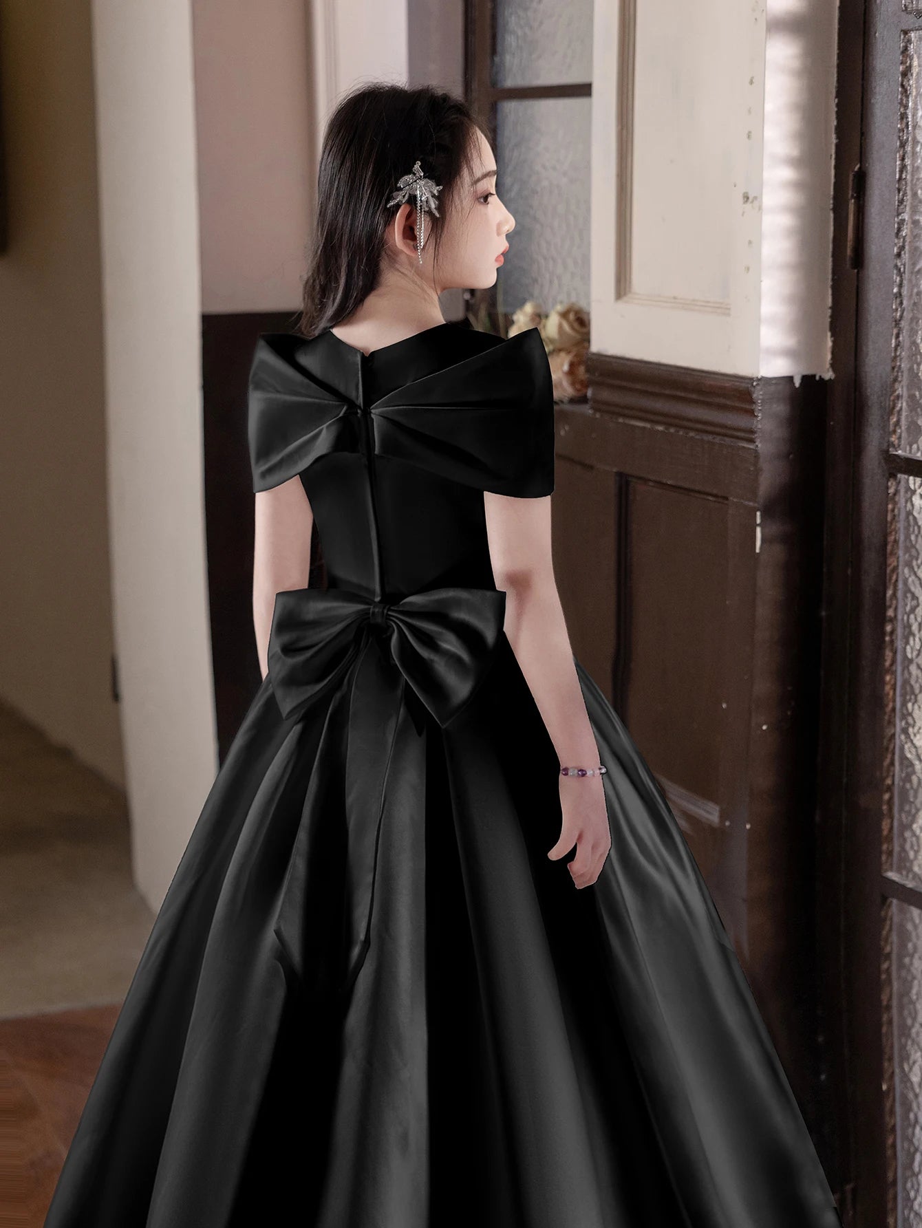 Maxy Girls, Teenagers Black High-End Long Dresses Children's Birthday Parties Weddings Big Bows Evening Dresses