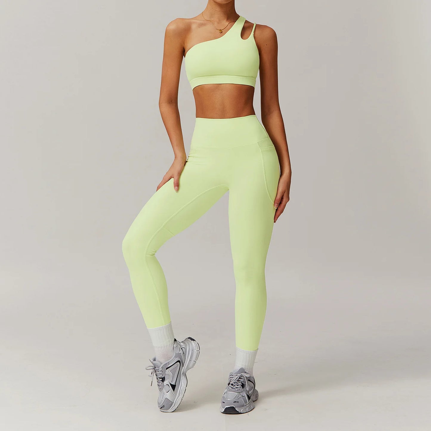 Maxy Sportswear Yoga Set Quick-Dry Tight Suit With Pocket Sports Women Tracksuits Asymmetric Shoulder Running Gym Leggings
