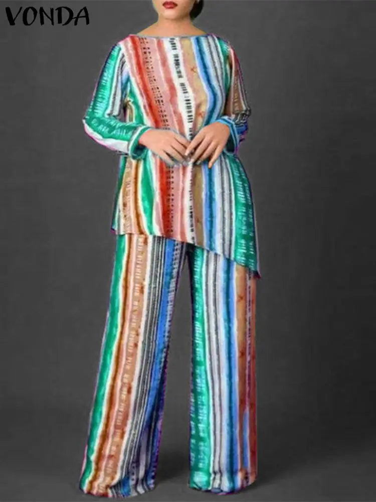 Maxy Plus Size 5XL Bohemian Vintage Printed Pant Sets Women Long Sleeve Tops and Pants 2pcs Kaftan Casual Loose Suits