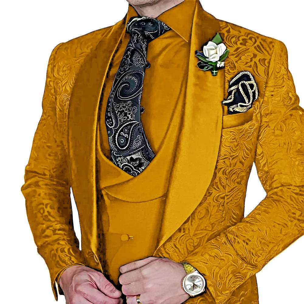 Amay Fashionable Paisley Men's 3-piece Suit Set, Jacquard One Button Blazer, Vest Pants Formal Wedding Party Suits for Men