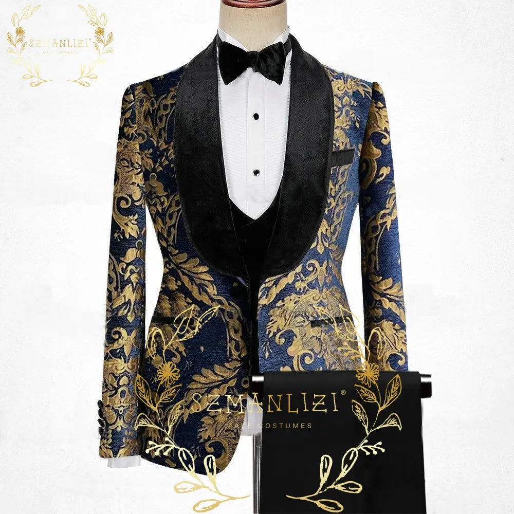 Visco Handsome Blue Gold Floral Rim Stage Men Suit Set Stand Collar Men's Suits (Jacket+pants+vest)