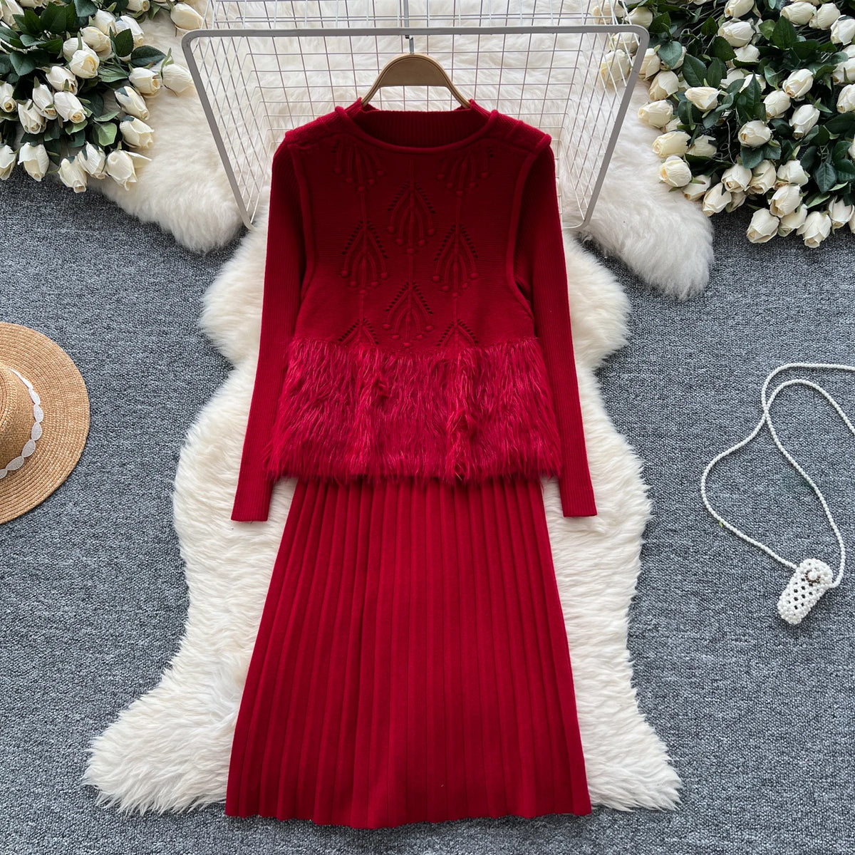 Maxy Chic Women Two-Piece Sets Basics O-neck Long Sleeve Knit Dress Slim Open Stitch Pearl Button Vest Elegant Evening Party Clothing