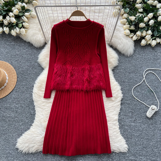 Maxy Chic Women Two-Piece Sets Basics O-neck Long Sleeve Knit Dress Slim Open Stitch Pearl Button Vest Elegant Evening Party Clothing