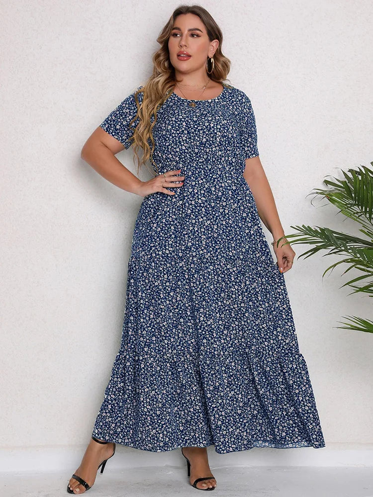 Gacy Plus Size O-Neck Ditsy Floral Ruffle Hem Dress Women Summer Short-sleeved Vacation Bohemian Beach Maxy Long Dresses
