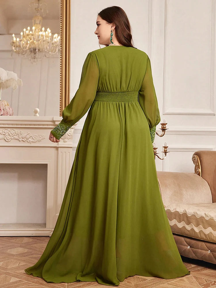 Maxy New Luxury Elegant Long Sleeve Maxy Dresses Plus Size Women Wife Embroidery Patchwork High Waist Evening Party Dress