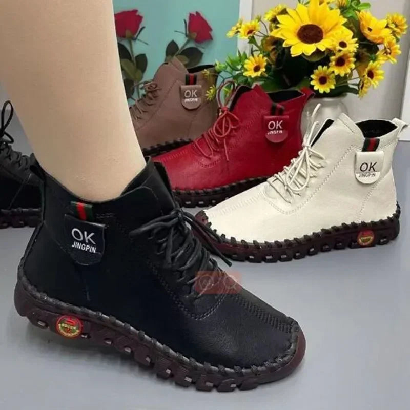 Maxy NEW Women Shoes Autumn Loafers Lace Up Sneakers Casual Flats Solid Soft Bottom Boots Leather High-Top Sneaker Female Shoes