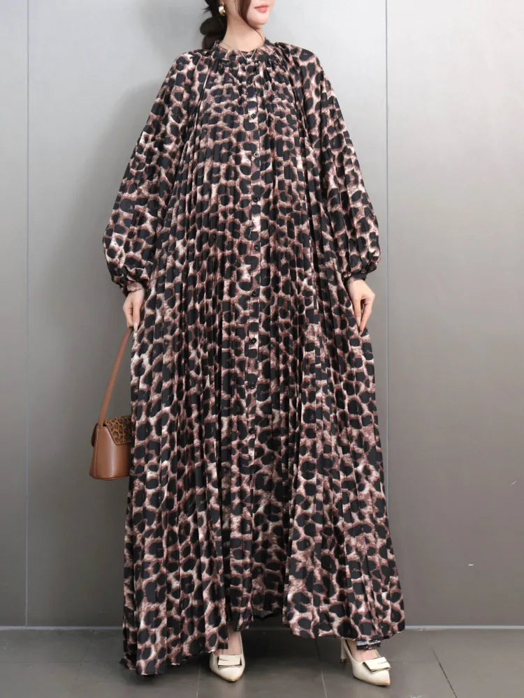 Babs Fashion Leopard Print Large Size Dress Women O Neck Loose Floor Length Long Style Casual Elegant Clothing New 5ZD1103