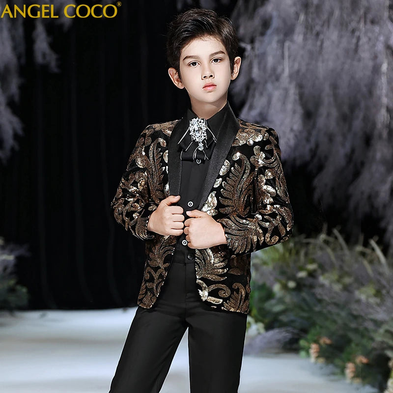 Visco Shiny Sequins Formal Flower Boys Wedding Suit Children Evening Dress Host Party Piano Performance Pageant Dresses Teen Clothing