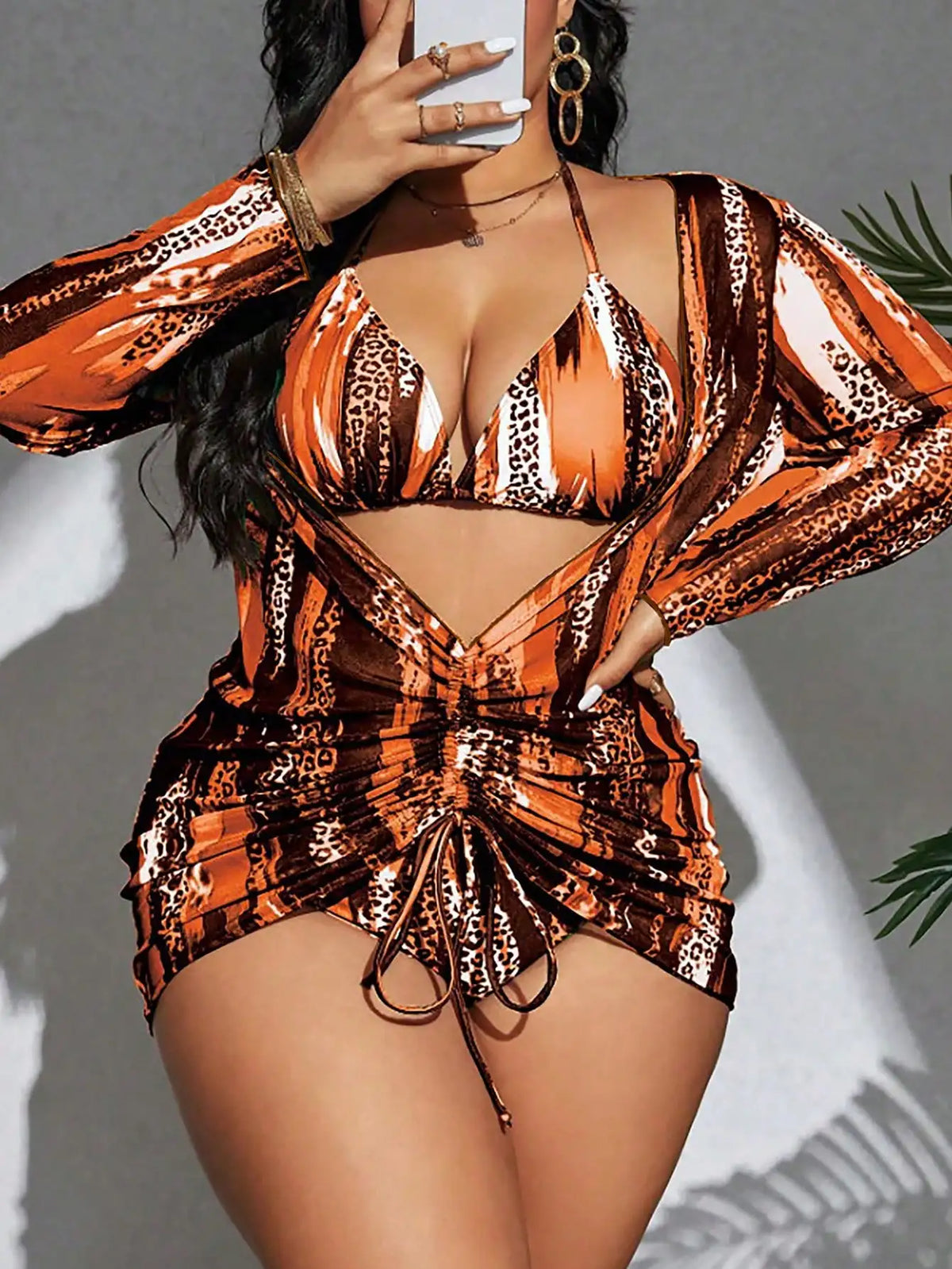 Maxy Vibrant Leopard and Color block 3-Piece Plus Size Tankini Set For Beach Summer Festival Wear