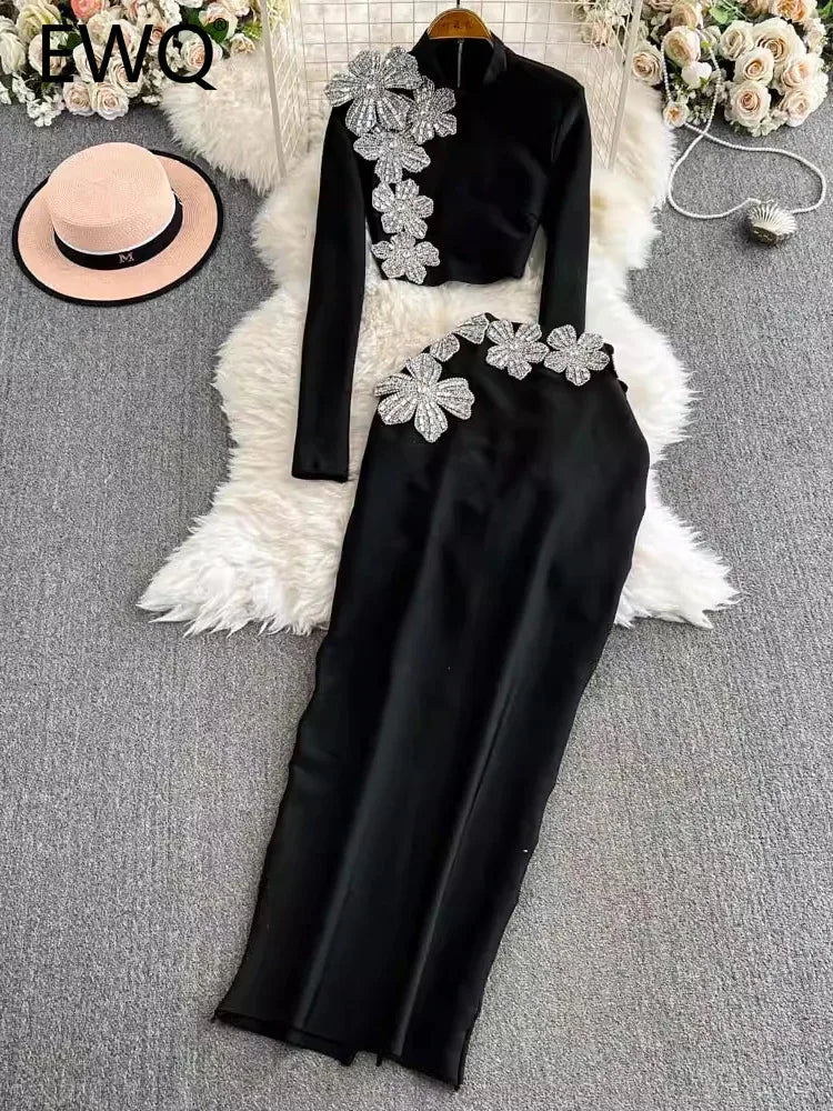 Maxy Elegant Two-piece Set Women's Stand Collar Long Sleeves Diamond Tops With High Waist Split Skirts Spriing New 27X1917