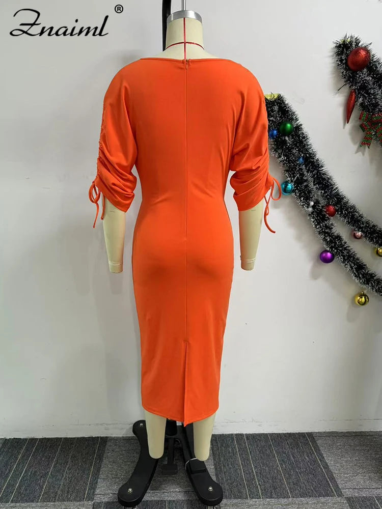 Maxy Elegant Pile Collar Ruched Drawstring Half Sleeve Split Bodycon Orange Pencil Dress Women Birthday Party Club Office Robe