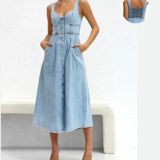 Maxy Women Denim Dresses Long Dress Sling Sleeveless A Line Casual High Waist Maxy Elegant largos Summer Y2k Streetwear