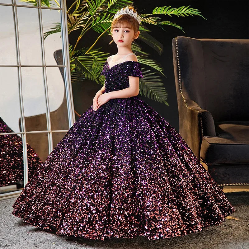 Maxy Little Girl Deep Purple Dresses Party and Wedding Summer Kids Birthday Evening Long Dress Sequin Luxury Gowns Child Costume