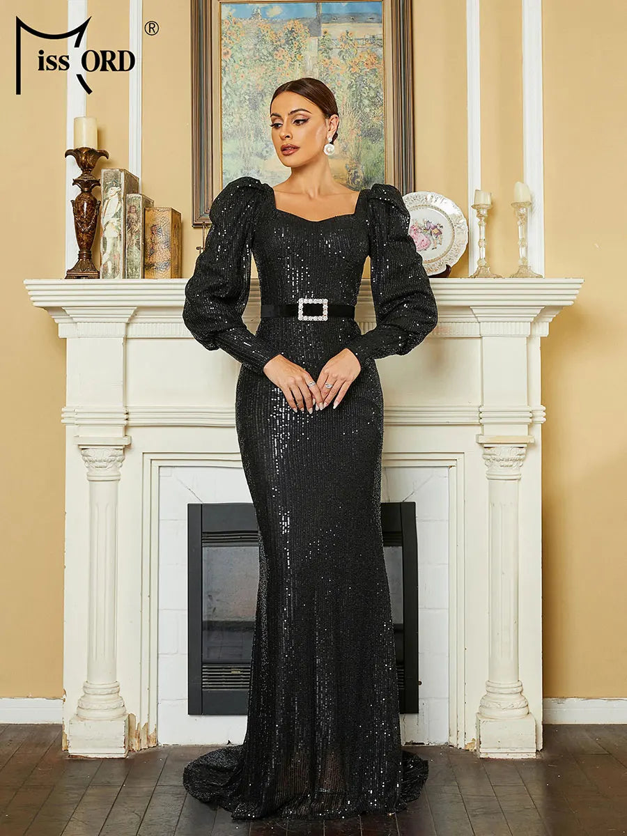 Amay Black Sequin Mermaid Evening Dress Women Elegant Lantern Sleeve Belted Bodycon Maxy Party Prom Dresses Long Gown