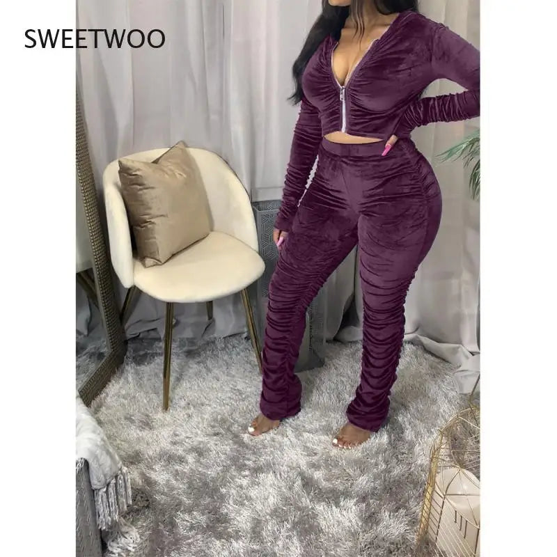 Maxy Autumn Winter Velvet Tracksuit Two Piece Set for Women Matching Sets Ruched Hoodies Jacket Stacked Pants Joggers Sweat Suits