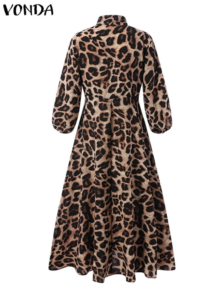 Maxy Plus Size 5XL Autumn Bohemian Dress Elegant Women Leopard Print Dress Long Lantern Sleeve Loose V Neck Casual Party
