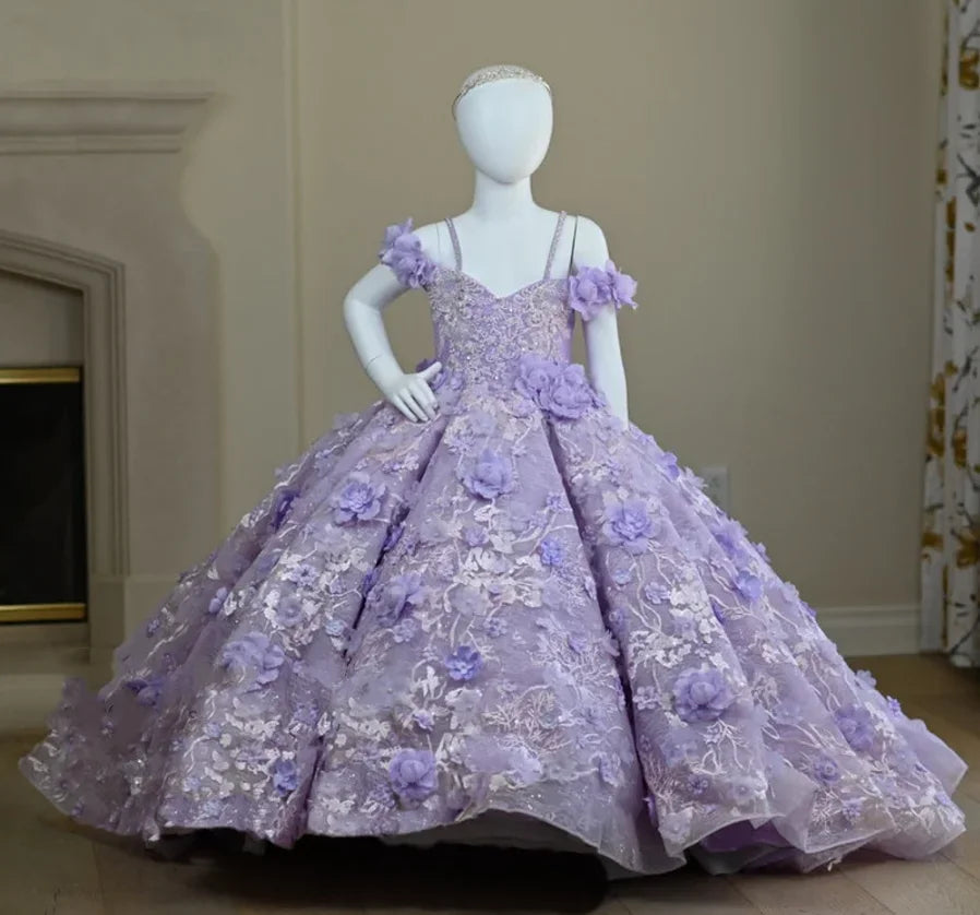 Maxy Lavender Flower Girl Dresses for Wedding Floral Appliques Bead Floor Length Girl Kids Birthday Party First Holy Communion Gowns