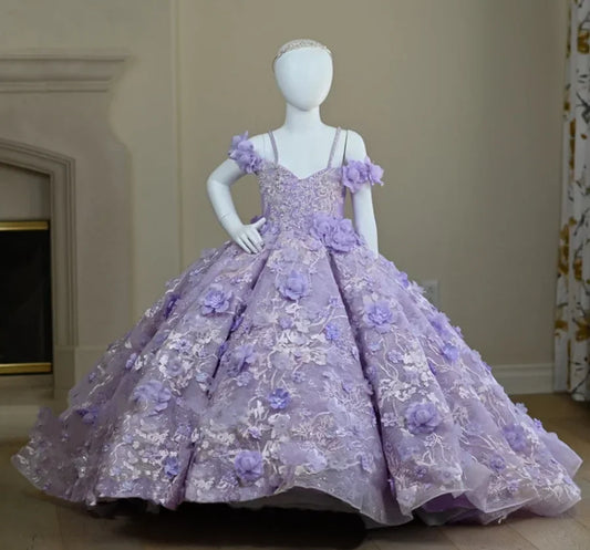 Maxy Lavender Flower Girl Dresses for Wedding Floral Appliques Bead Floor Length Girl Kids Birthday Party First Holy Communion Gowns