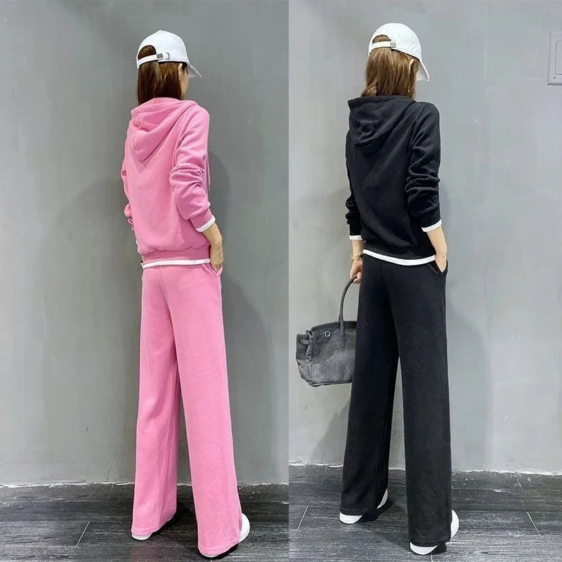 Amay Women's Tracksuit Spring Autumn New Casual Korean Loose Wide Leg Pants Two Piece Set Hooded Sweater Fashion Gym Sports Suit