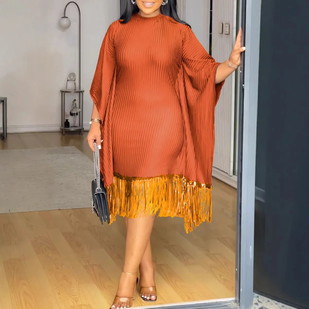 Amay Dresses for Women Elegant Dashiki Spring Autumn Tassel Sequin Dress Ladies Traditional Africa Clothing Fairy Dress