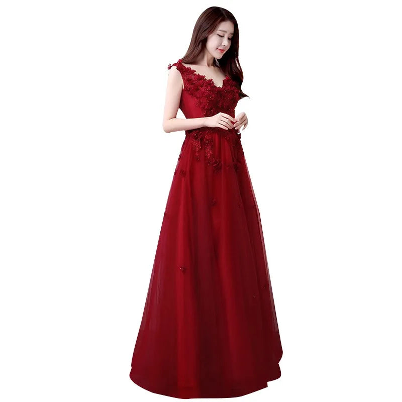 Maxy New Women's Sexy V-neck Embroidered Bridal Wine Red Toast Evening Dress Fashionable Slimming Banquet Slimming Long Dress