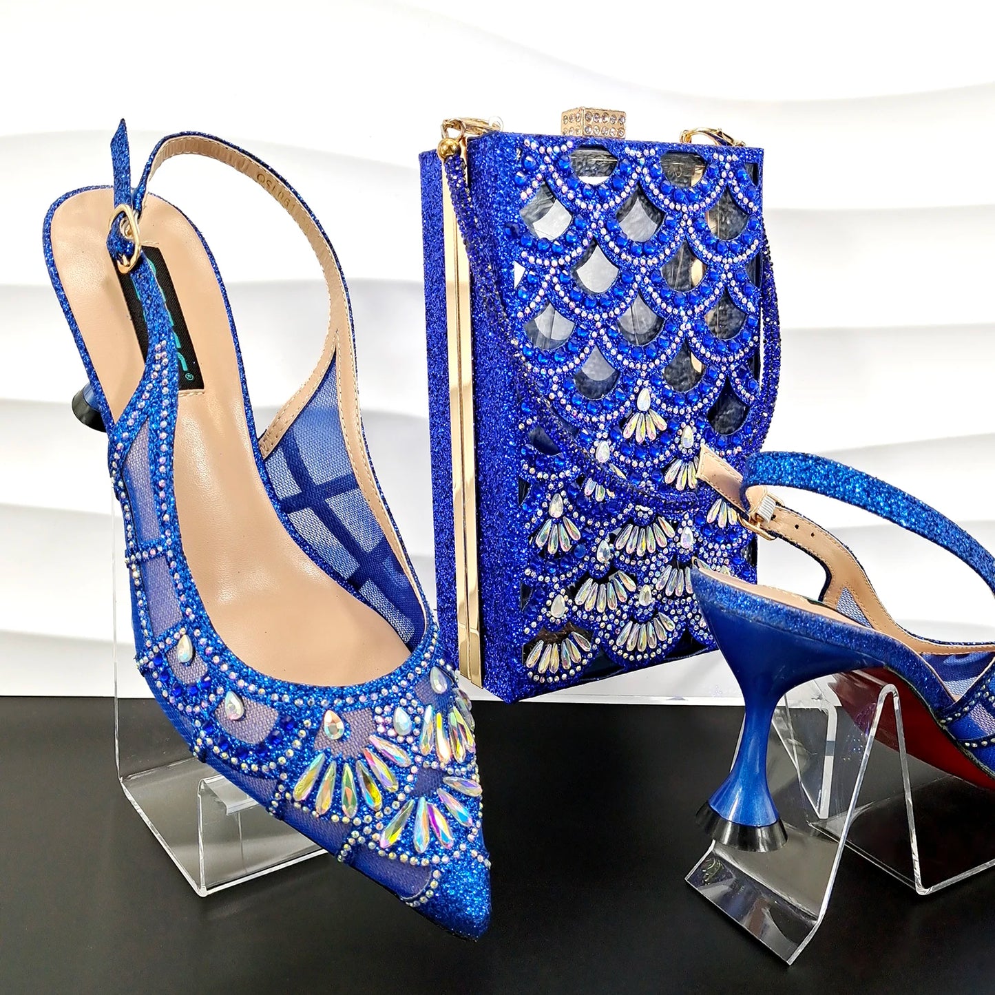 Maxy Newest Fashion Royal Blue Color Sweet Style Party Wedding Ladies Shoes and Bag Decorated With Rhinestone