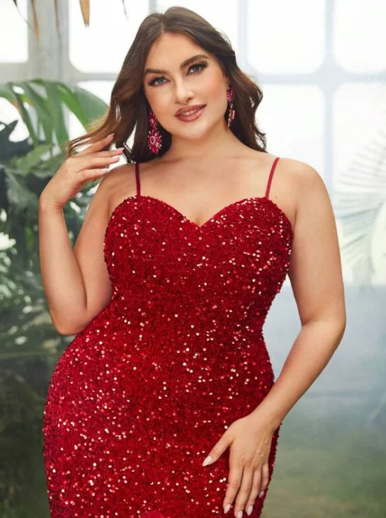 Maxy Plus Size Evening Dresses Women Sequins Mesh Splicing Party Dresses Fashion Sleeveless Sling Elegant Dresses Large Size Female