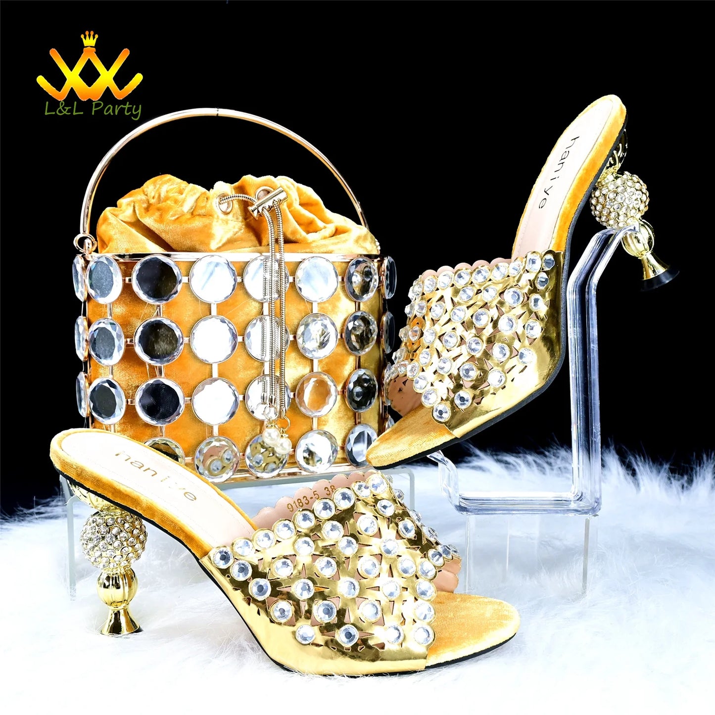 Maxy Gold Specials Heels with Crystal High Quality New Arrivals Spring Women Shoes and Bag Set for Wedding