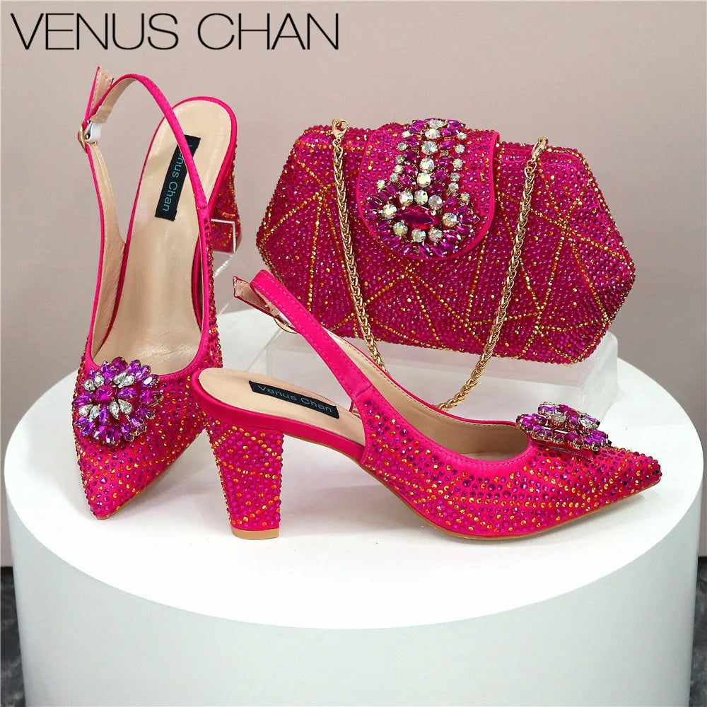 Maxy Shoes and Bags Matching Set Decorated with Rhinestone Full Diamonds Wedding Shoes Bride Designer Shoes Women Luxury