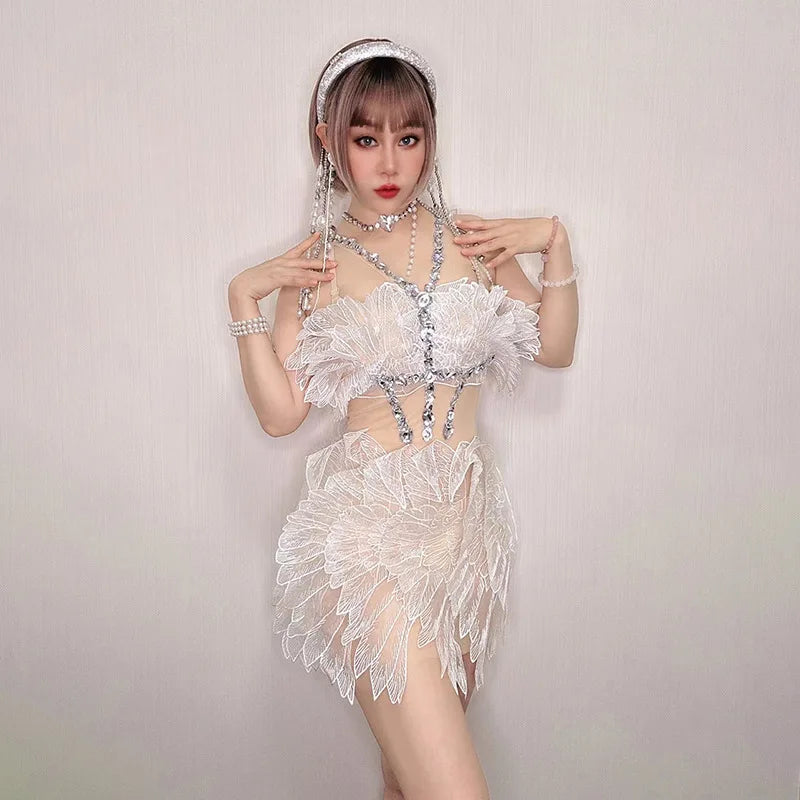 Amay Women's Golden Shiny Crystal Cicada Wings Dress for Birthday Party Stage Performance Carnival Unique Costume Design