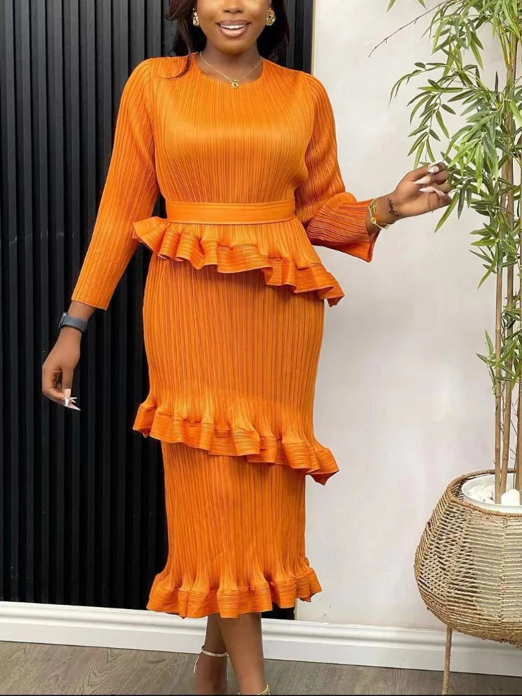 Babs Elegant Dresses for Women Long Sleeve O Neck Layered Ruffles Trim Bodycon Dress with Belt Stylish Chic Female Spring Outfits