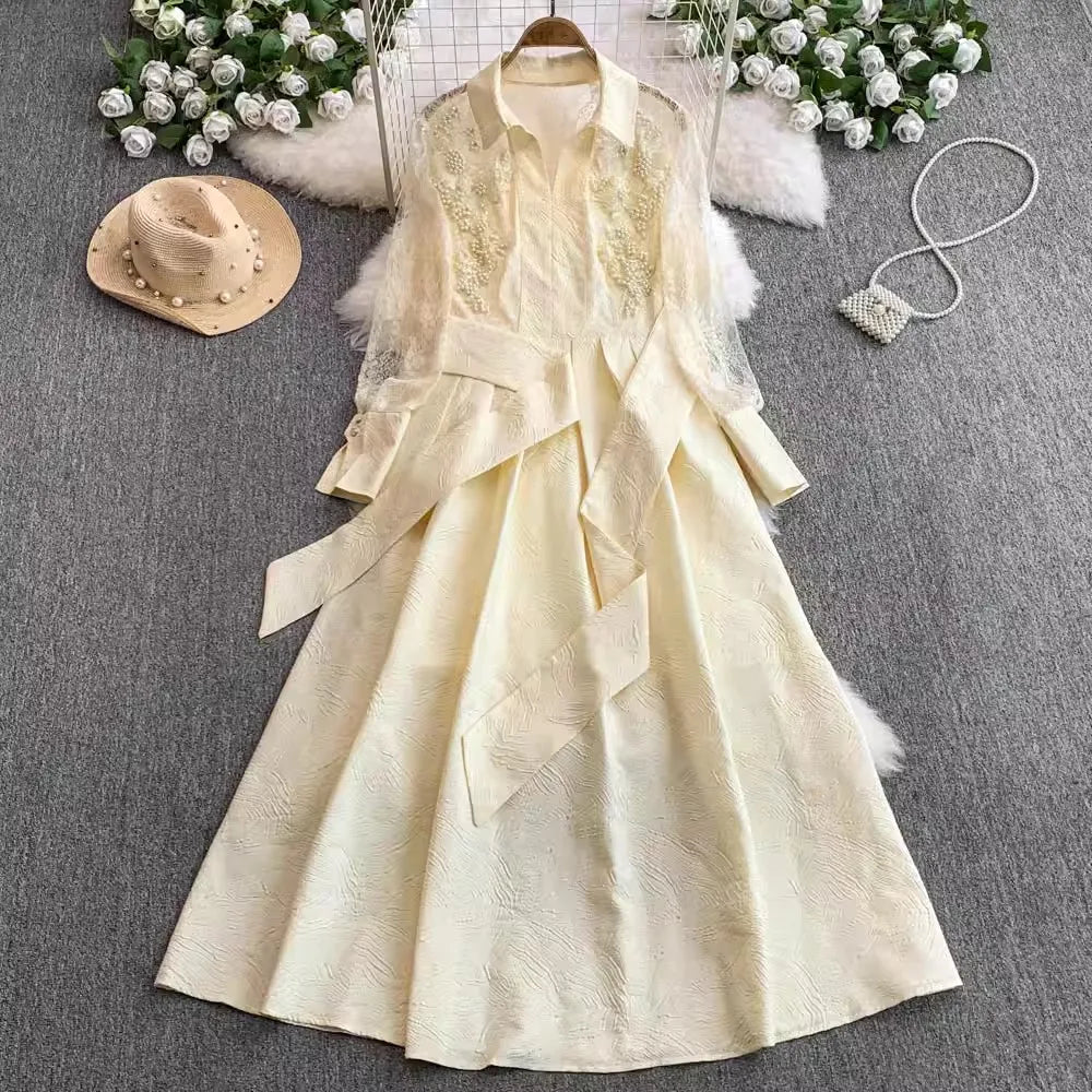 Maxy French Elegant Beading Mesh Lace Flower Embroidery Dress Women's Ruffles Pearls Single Breasted Belt Evening Party Vestidos