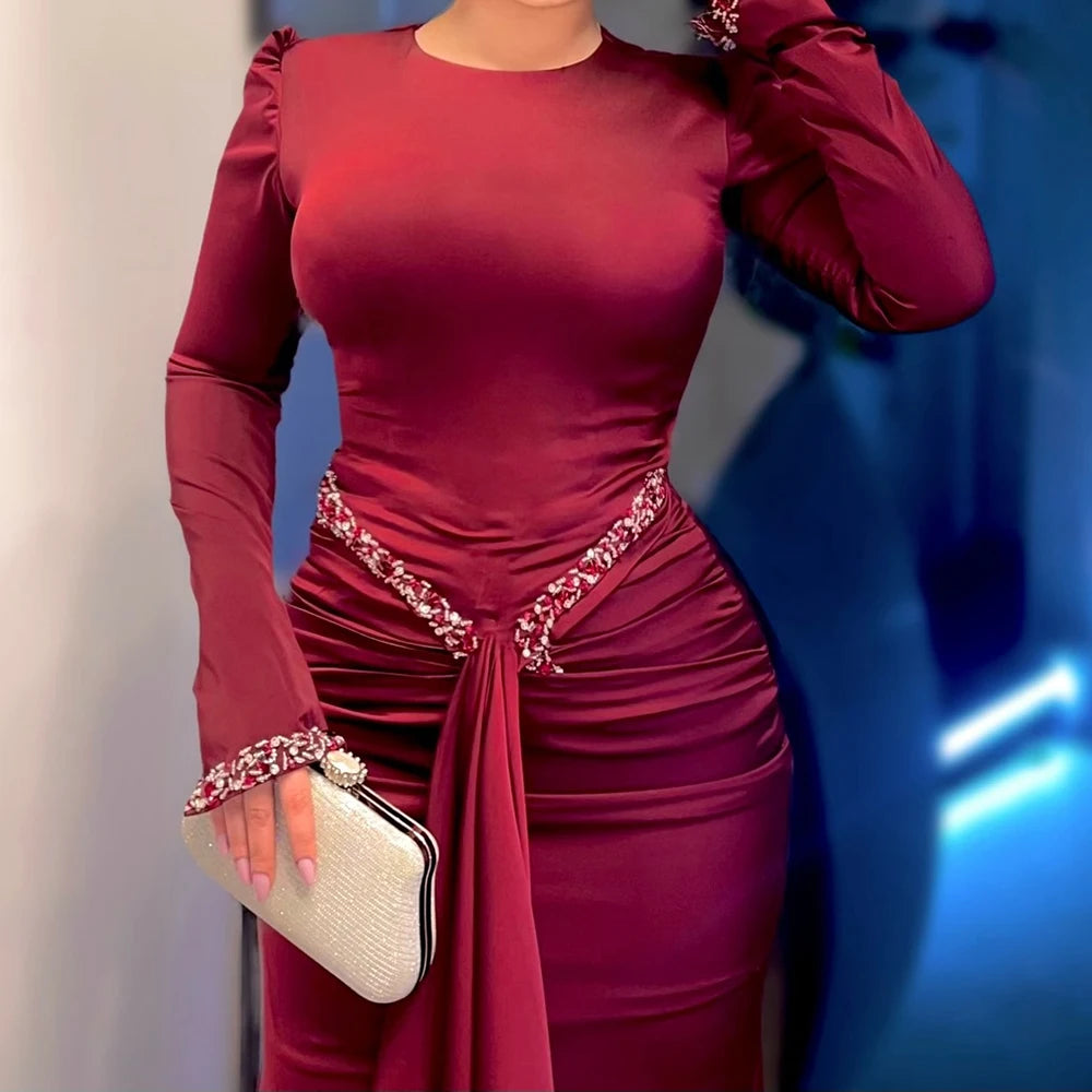 Maxy Customized A-line Evening Dresses Floor-length O-neck Full Sleeve Prom Gown Fashion Crystal Simple Draped Casual Party Gown