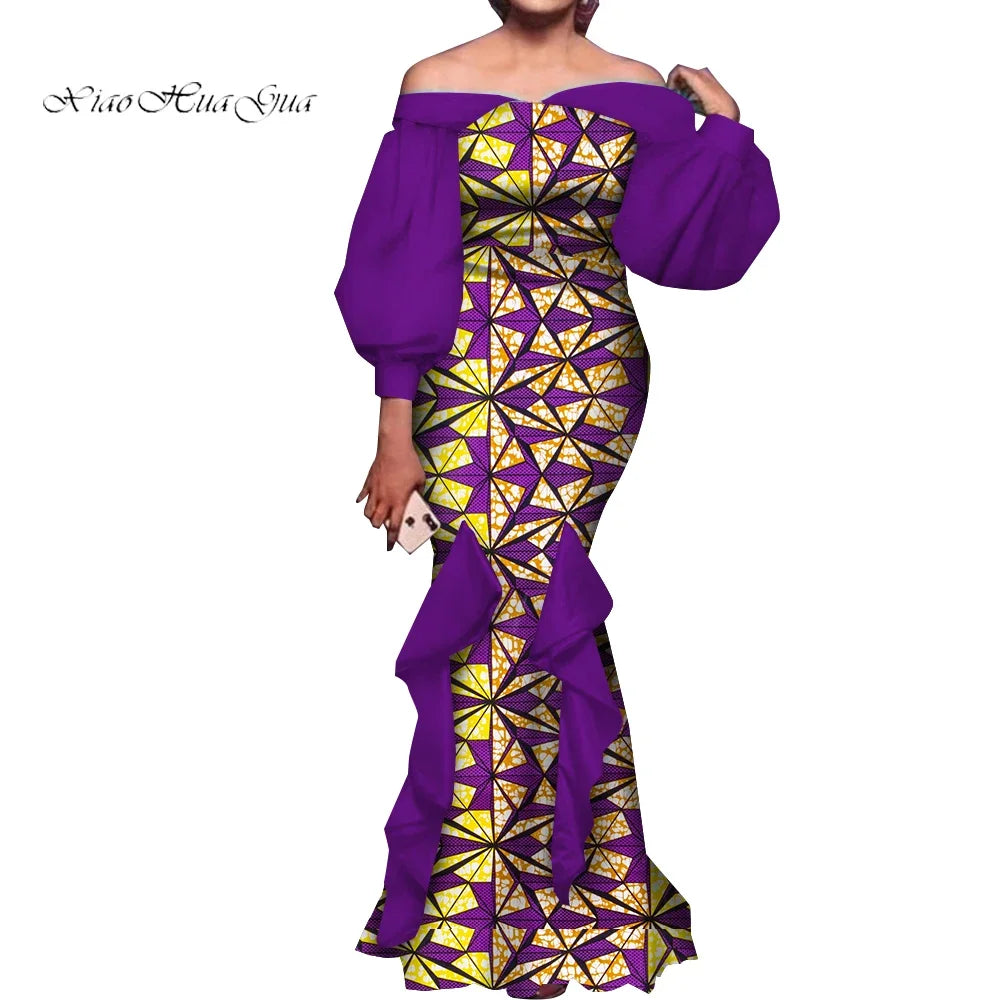Amay Fashion Women Ankara Dresses Flash Neck Puff Sleeve Long Dress African Dress Robe Africaine Femme Evening Mermaid Dress WY1848