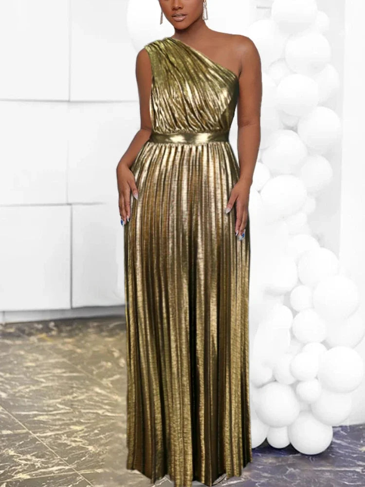 Amay Women Even Dresses Luxury Maxi Long Metallic Pleated Dress One Shoulder Sleeveless Premium Shiny Shimmer Gowns Big Size
