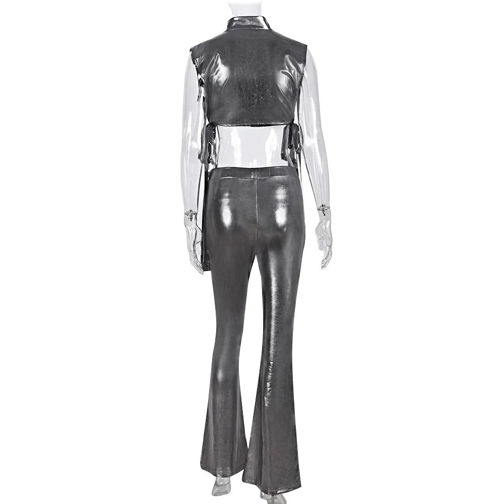 Maxy Women Metallic Gilding Slim Hipster 2 Piece Set Side Hollow Out Bandage Zipper Short Vest Flare Pants Casual Streetwear Outfits