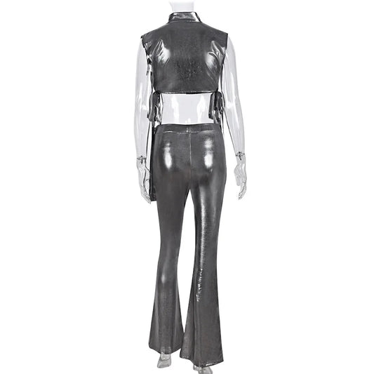 Maxy Women Metallic Gilding Slim Hipster 2 Piece Set Side Hollow Out Bandage Zipper Short Vest Flare Pants Casual Streetwear Outfits