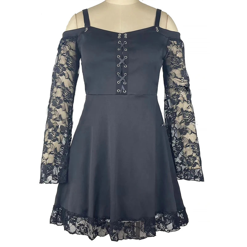 Maxy Women's Summer Gothic Mini Dress Large Size Sexy Off Shoulder Lace Bodycon Dresses Flared Sleeve Bandage Party Plus Size