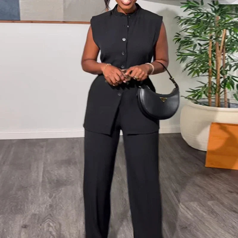 Maxy black Shirt Top & Cuffed Pants Set Women Wide Leg Pant Sets Two Piece Suit Loose O Neck High Waist Elegant Trousers Suits