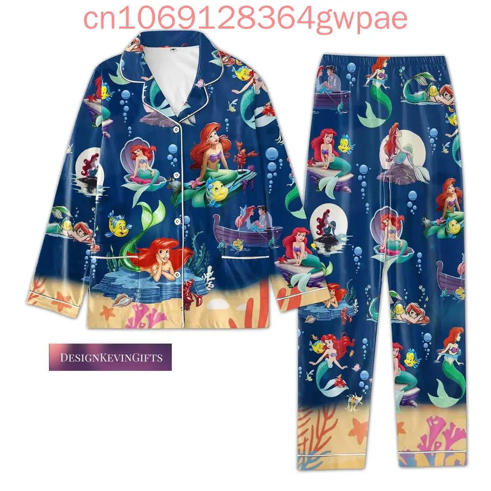 The Little Mermaid Ariel Princess Pajama Set Disney 3D Printed Casual Men's and Women's Long Sleeve Shirt Pajama Set