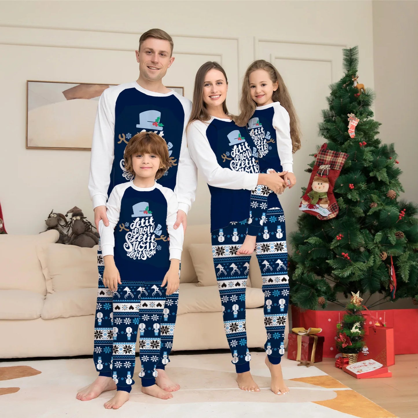 Maxy Blue Christmas cartoon letter printing family Christmas suit Family holiday home wear long sleeve pajamas pajama pants 2 sets