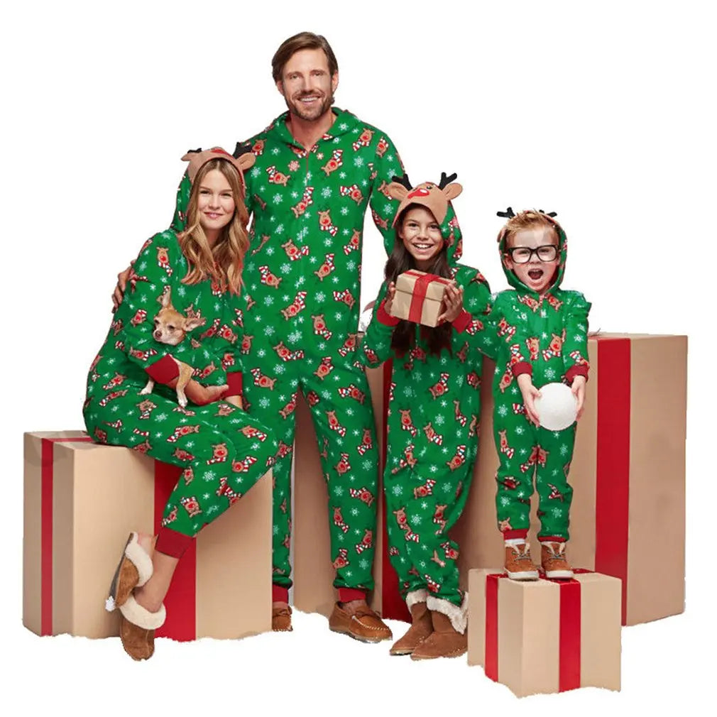 Max Christmas Pajamas Set One-Piece Zip-Front Romper with Antler Hood For Family PJs Sets Family Matching Kid Adult Xmas Sleepwear