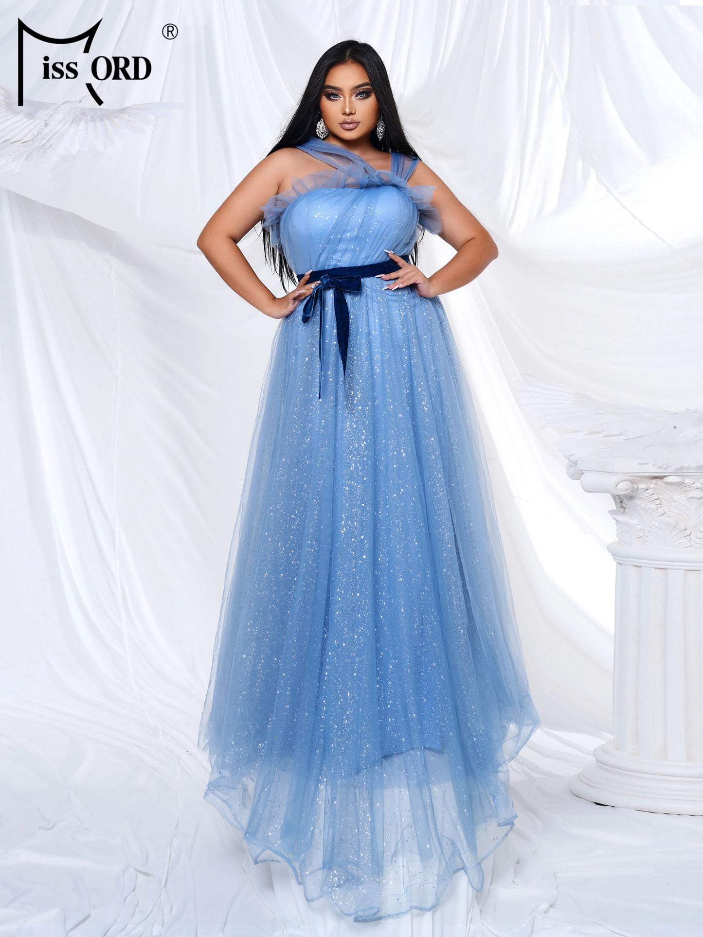 Maxy Plus Size New Blue Off Shoulder A Line Mesh Evening Gown Wedding Bridal Banquet Party Floor Length Prom Birthday Dress