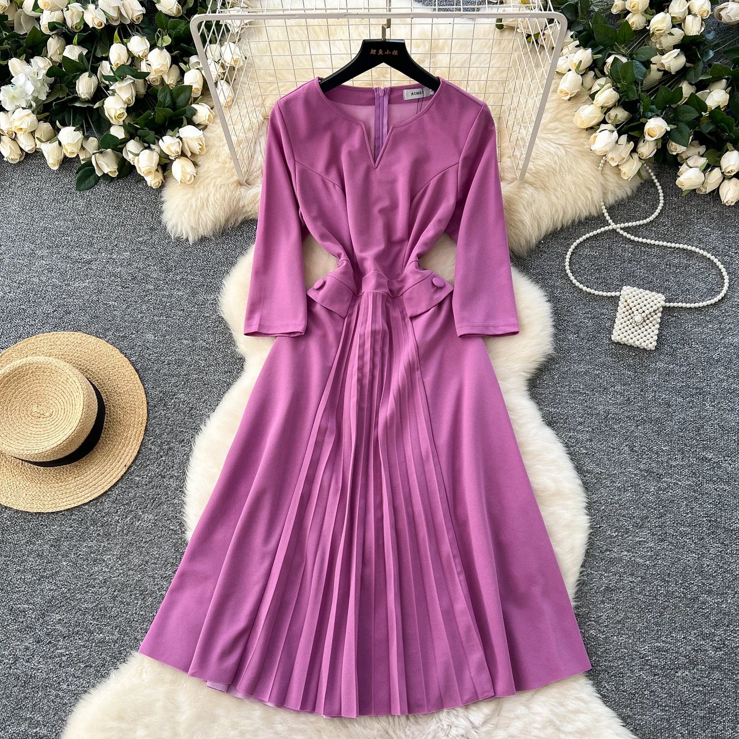 Maxy Elegant Three-Quarter Sleeves Vintage V-neck Spliced Slim Long Pleated Dresses Evening High Street Autumn Plus Size Clothing