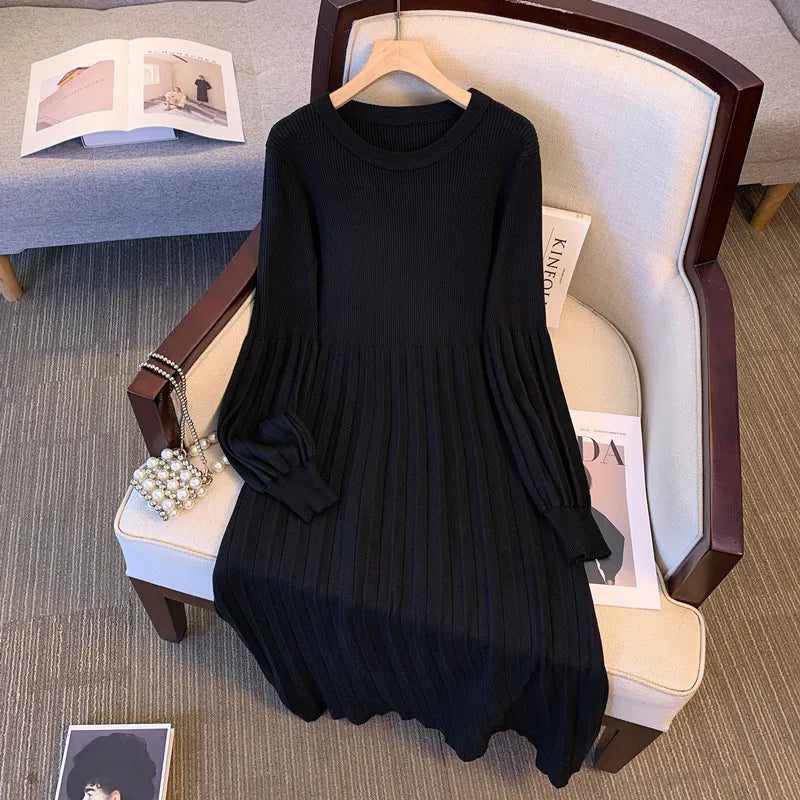 Maxy Women Basics Long Sleeves Elegant O-neck Casual Loose Knitted Sweater Long Dresses Office Lady Autumn Winter Plus Size Clothing