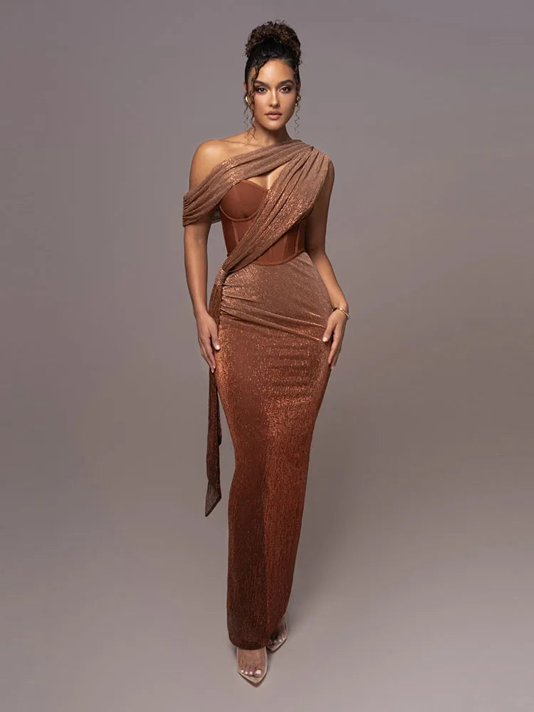 Maxy Sexy One Shoulder Draped Glitter Long Dress Women Brown Corset Sparkly Backless Bodycon Maxy Dresses Evening Party Gowns