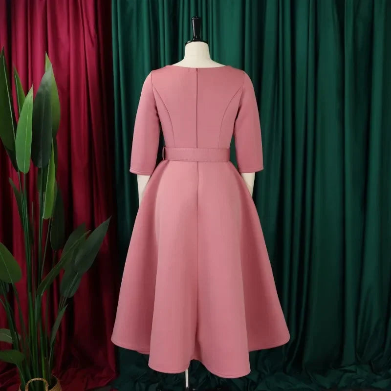 Amay Elegant African Party Evening Dresses for Women Spring Fashion African 3/4 Sleeve Polyester Dress With Belt Africa Clothing