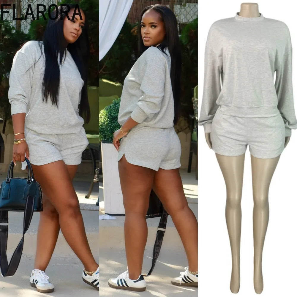 Maxy FLARORA Casual Sporty 2 Piece Sets Woman Solid Color O Neck Long Sleeve Pullovers And Drawstring Shorts Fall Street Tracksuits